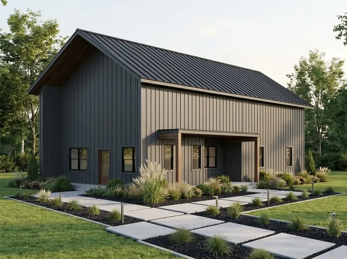 Industrial charcoal facade with dark charcoal grey vertical siding, matching dark metal roof, black windows, and natural wood timber porch accents