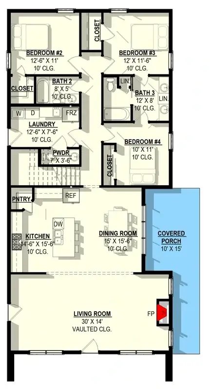 Main floor plan of the 2,714 sqft barndominium with central open kitchen-living-dining, vaulted living room, three secondary bedrooms, Jack-and-Jill bath, and side covered porch