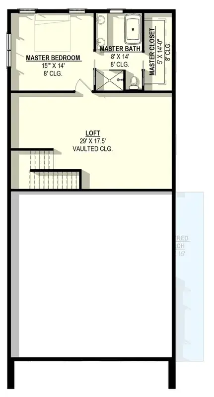 Second floor plan showing master suite, walk-in closet, dual-vanity bath, and loft overlooking living room below