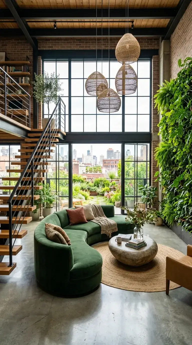 Compact urban jungle great room with curved emerald velvet sofa, jute rug, woven pendant lights, exposed brick chimney, steel beam, and a 60 square foot living wall in a Portland Buckman ADU