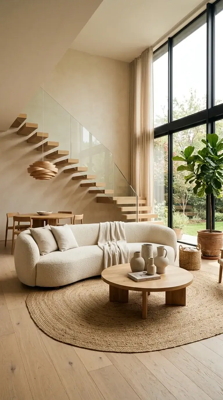 Bright Scandi-boho compact living room with double-height windows, light wood floors, glass and wood staircase, curved cream sofa, round jute rug, sculptural wood pendant, and large fiddle leaf fig in PNW home