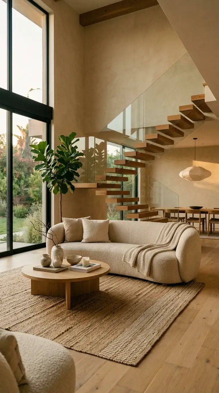 Compact lounge with floor-to-ceiling windows facing lush garden, floating wood and glass staircase, curved cream sofa, paper lantern pendant, and minimal styling in a Portland modern home
