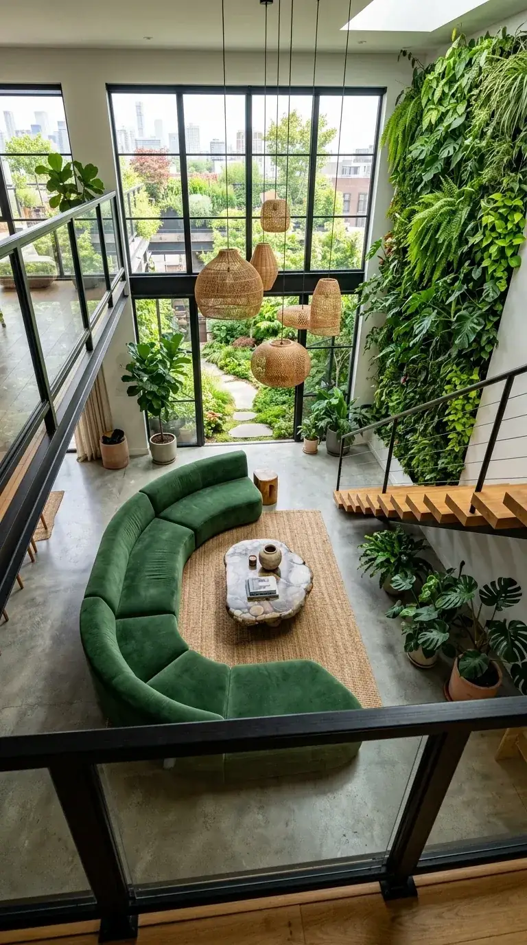 Two-story compact ADU with vertical living wall, polished concrete floor, serpentine green sofa, glass-railed catwalk, and lush outdoor garden view from large industrial windows