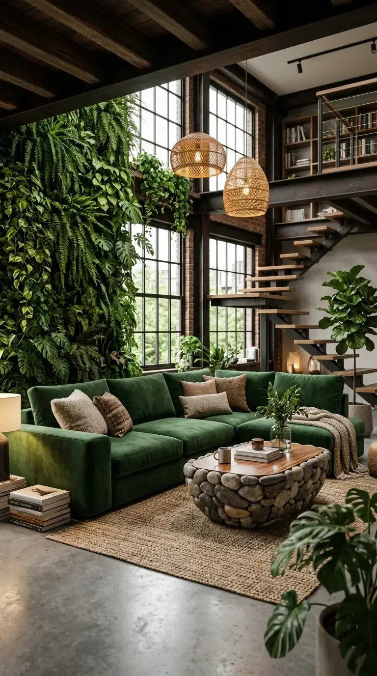Compact lounge with deep emerald velvet sectional, river-stone coffee table with reclaimed wood top, jute rug, exposed brick wall, steel beam, and dense potted plant grouping in a Portland ADU