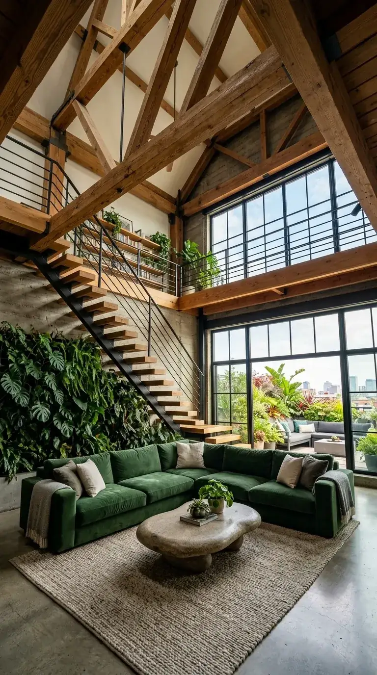 Compact ADU with exposed timber framing, raw concrete walls, double-height ceiling, metal and reclaimed wood staircase to sleeping loft, green velvet sectional, and 50 square foot living wall in Portland
