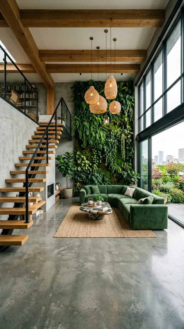 Compact two-story home with floating walnut staircase against polished concrete wall, dense living wall, cluster of woven pendants, curved emerald velvet sectional, and concrete fireplace
