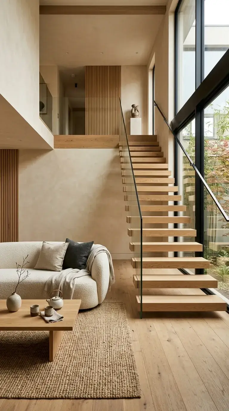 Japandi-industrial compact lounge with curved white boucle sofa, light oak floors, wood slat feature wall, textured plaster walls, glass-railed staircase, and bamboo garden view