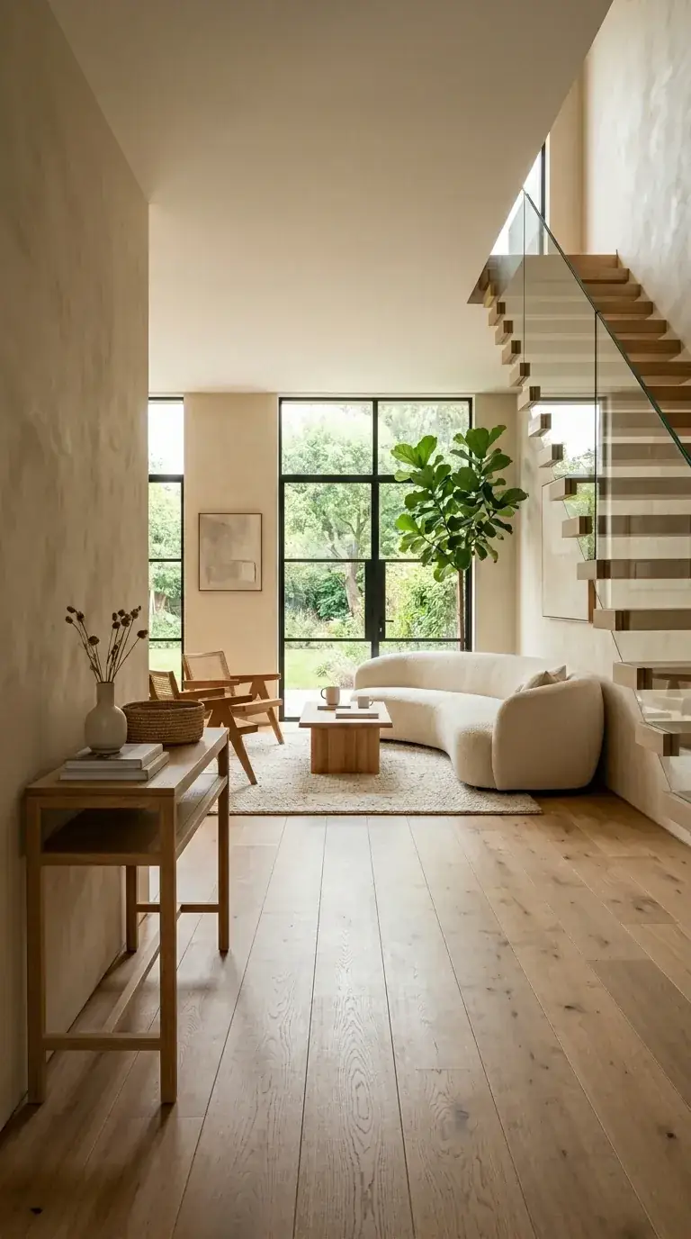 Compact open-plan entryway lounge with light oak floors, glass and wood staircase, curved bouclé sofa with cane and wood armchairs, console table with large fiddle leaf fig in a Portland modern home