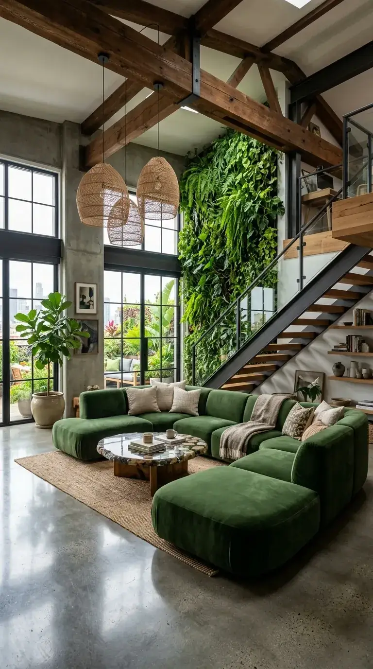 Compact industrial loft with large modular green velvet sofa, round terrazzo and reclaimed wood coffee table, exposed concrete walls, metal staircase, and 70 square foot living wall in Portland