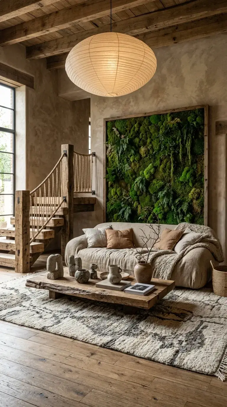 Wabi-sabi rustic industrial compact lounge with textured plaster walls, rough wood beams, rope staircase railing, large framed preserved moss wall art, linen slipcover sofa, and live-edge coffee table in Portland