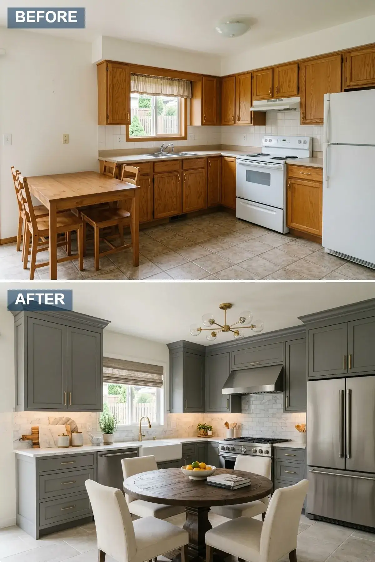 Open-concept kitchen renovation with charcoal grey ceiling-height shaker cabinetry, marble subway tile backsplash, quartz countertops, professional stainless steel range and hood, brass hardware, large round wooden dining table with upholstered chairs, brass sputnik chandelier, and large-format light grey tile flooring