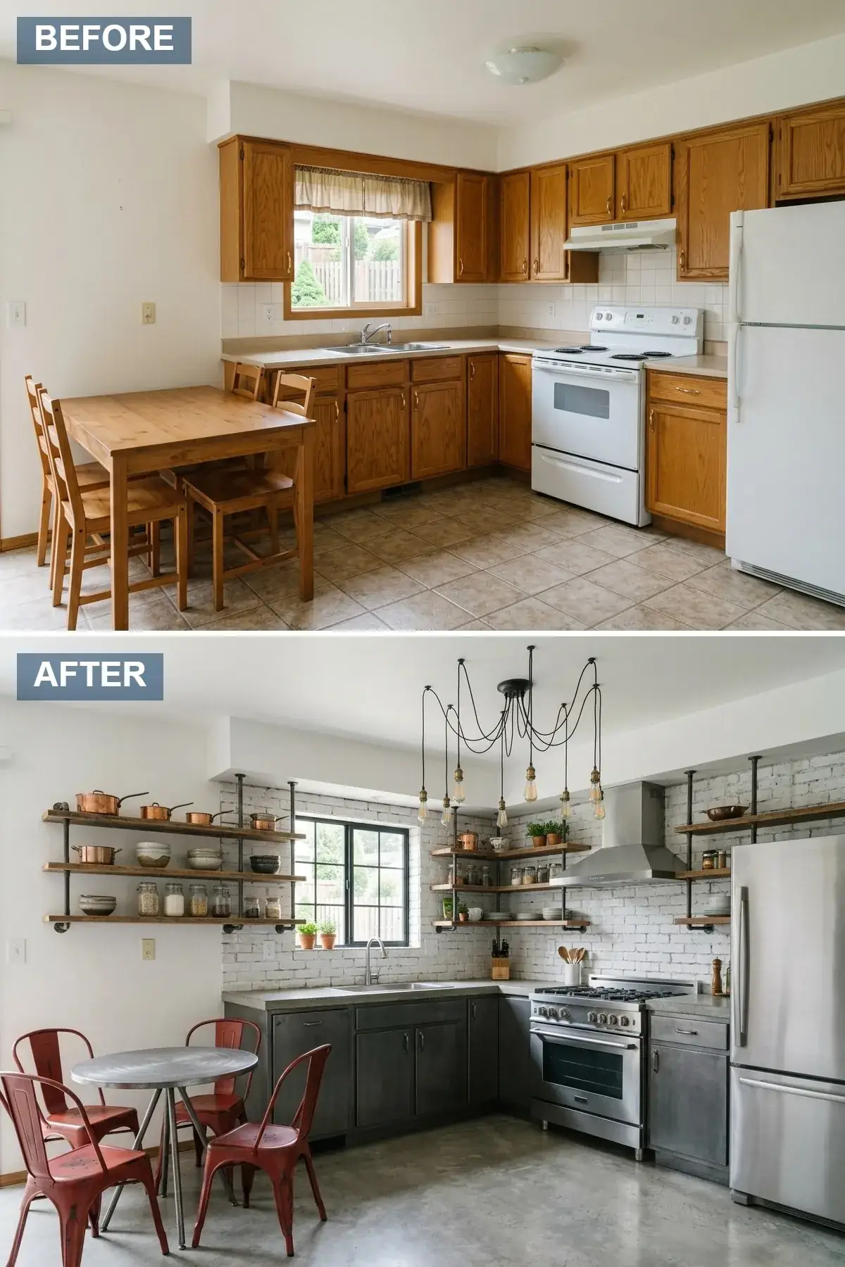 Industrial open-concept kitchen with white painted brick walls, distressed metal lower cabinets, polished concrete countertops, open wood shelving on black iron pipe brackets, commercial-style range and hood, metal dining set, exposed multi-bulb chandelier, and polished concrete flooring