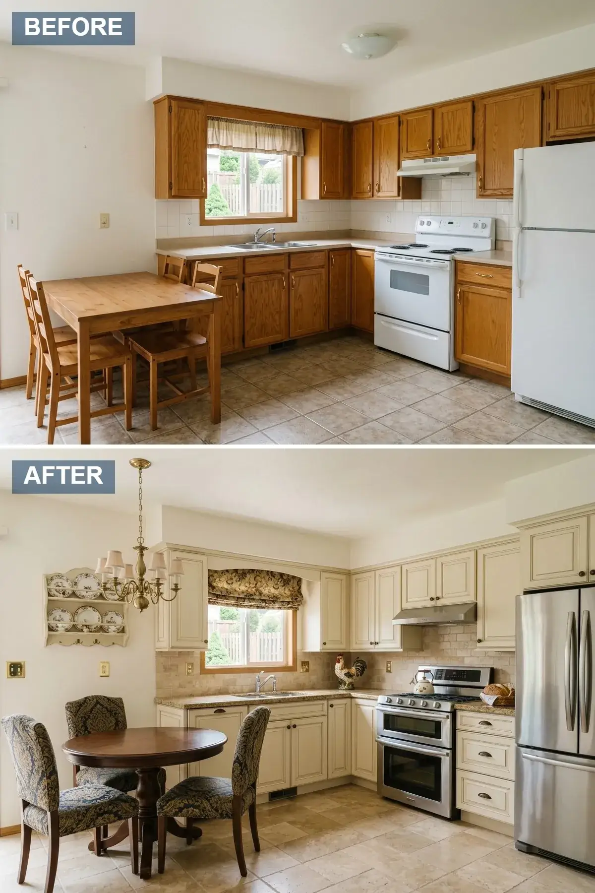 Traditional open-concept kitchen with creamy glazed raised-panel cabinets with decorative molding, beige travertine subway tile backsplash, speckled granite countertops, dark wood dining table with paisley upholstered chairs, brass shaded chandelier, and travertine tile flooring