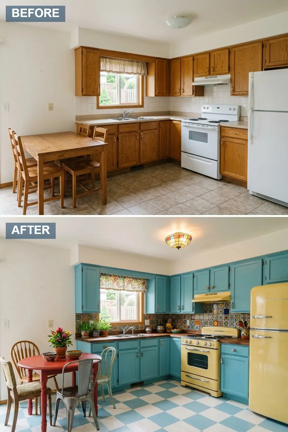 Retro eclectic open-concept kitchen with cheerful turquoise shaker cabinets, colorful patterned Mexican Talavera tile backsplash, vintage-style yellow Smeg refrigerator and range, red dining table with mismatched colorful chairs, colorful stained glass ceiling light, and blue-and-white checkered flooring