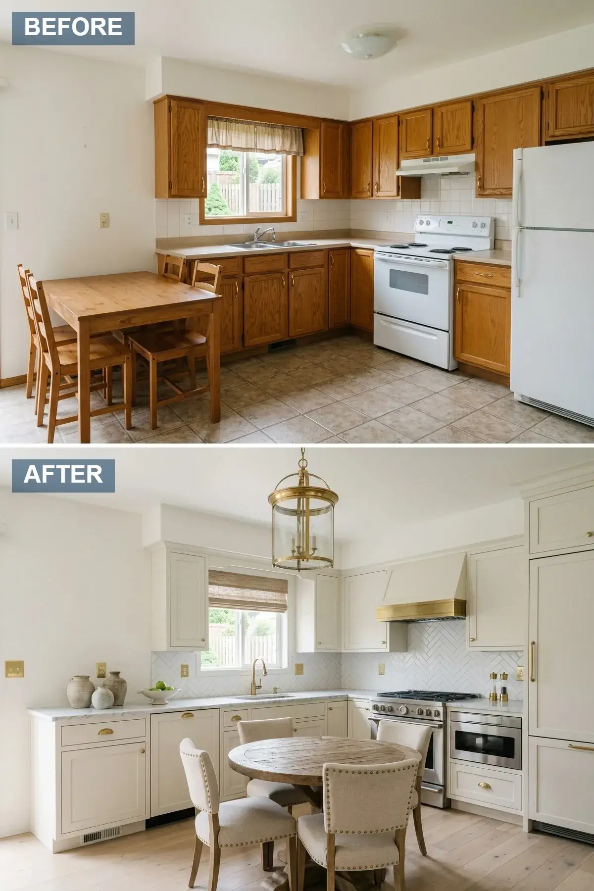 Bright open-concept kitchen with creamy off-white shaker cabinets, white herringbone tile backsplash, custom brass range hood, large lantern pendant over a round wood dining table, light oak wide-plank flooring, and brass hardware