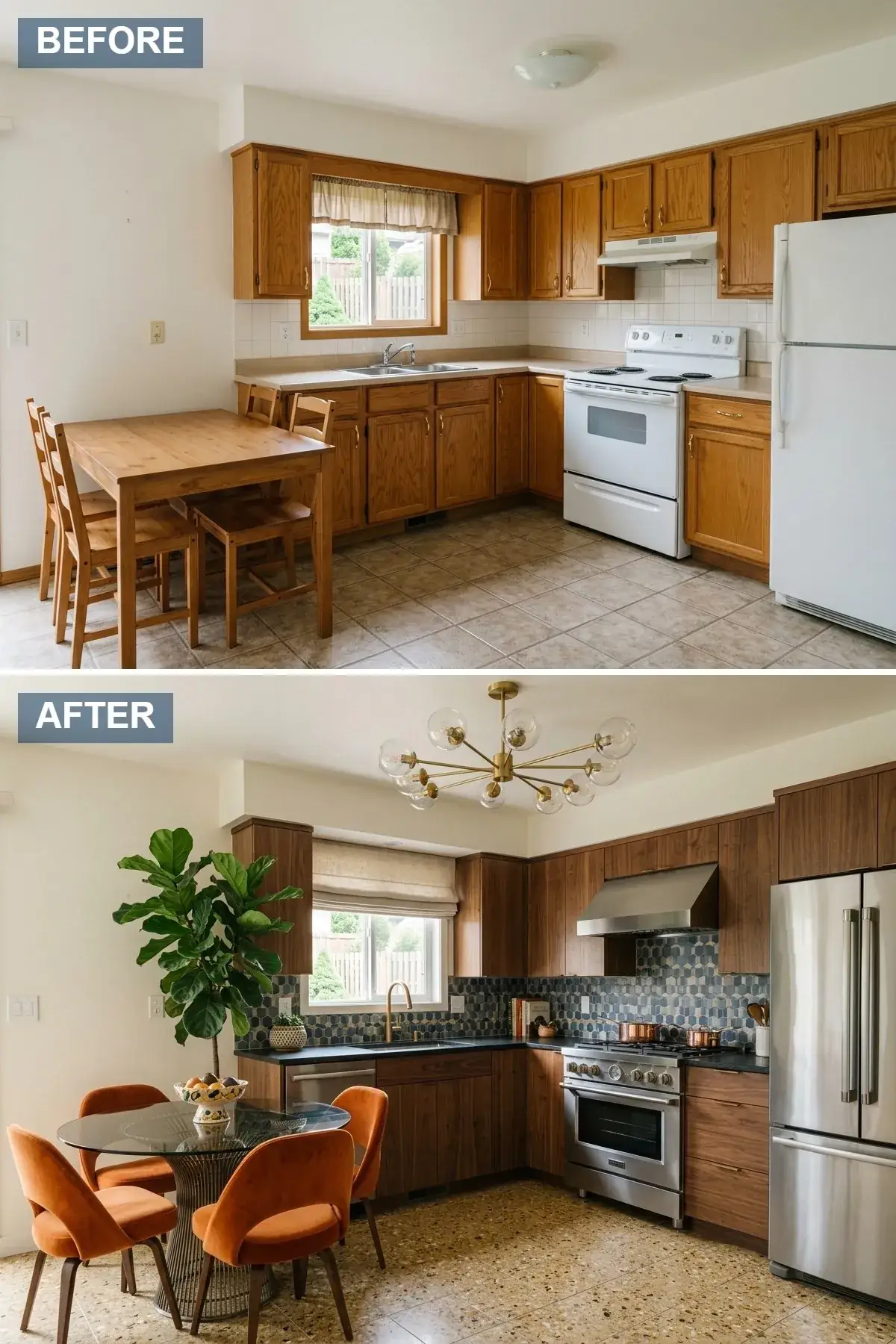 Open-concept mid-century modern kitchen with sleek flat-panel walnut cabinetry, bold blue geometric tile backsplash, brass sputnik chandelier, glass-top dining table with burnt orange velvet chairs, and terrazzo flooring