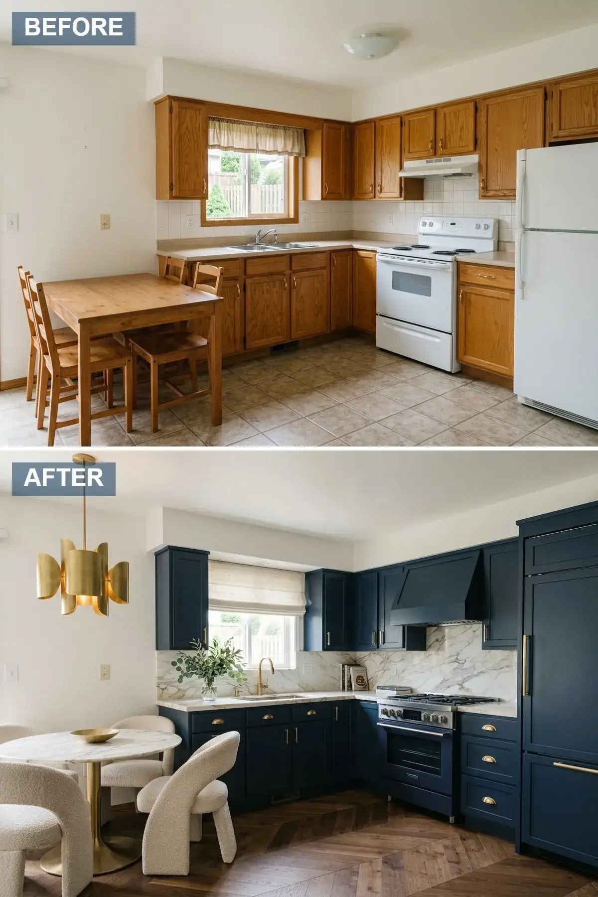 Open-concept luxe kitchen with deep navy blue shaker cabinetry, full-height Statuario marble slab backsplash and matching countertops, brass sculptural pendant light, marble pedestal dining table with cream boucle dining chairs, panel-ready integrated appliances, and chevron-pattern hardwood flooring