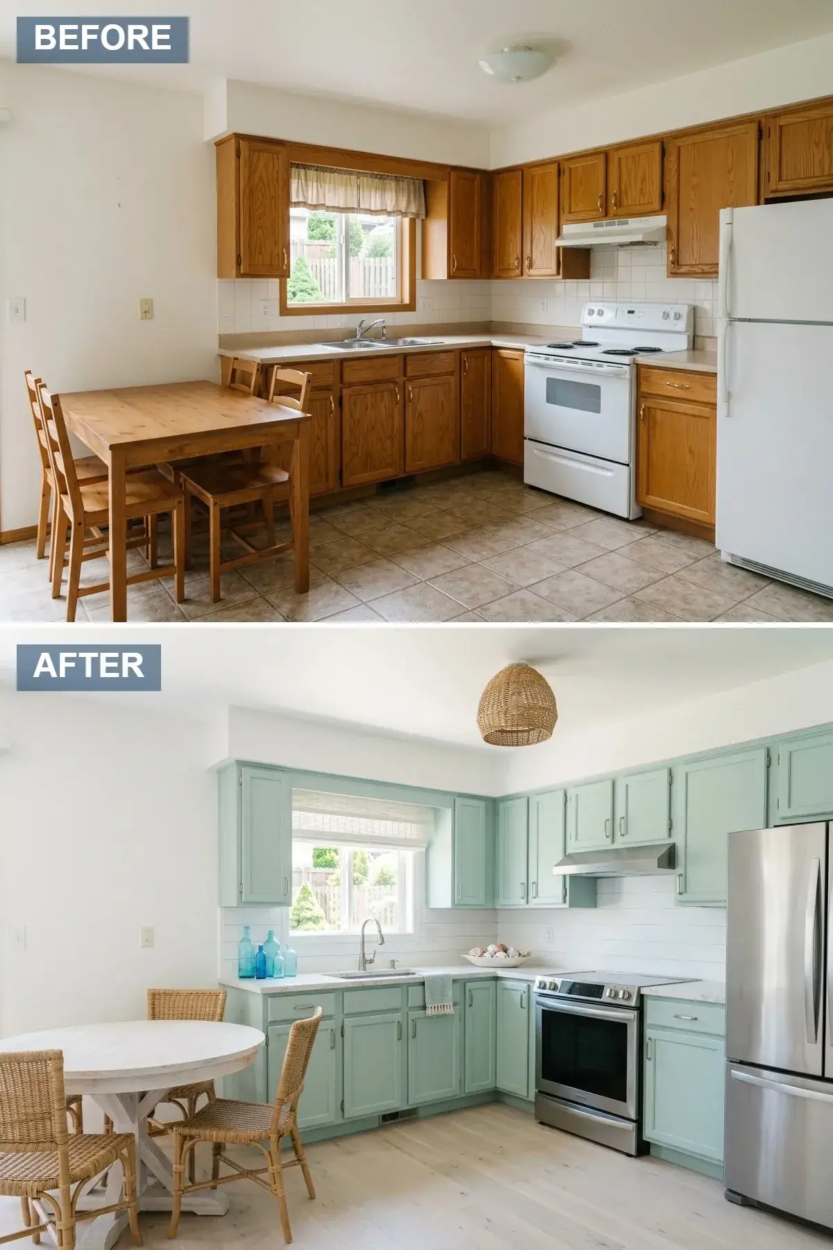 Open-concept coastal kitchen with soft mint green shaker cabinets, crisp white shiplap backsplash, large woven pendant light, whitewashed round wood dining table with woven wicker chairs, and light wood plank flooring