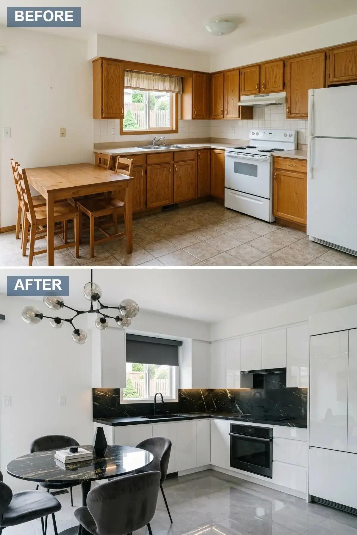 Ultra-modern open-concept kitchen with high-gloss white slab cabinetry, dramatic black marble backsplash and countertops with white veining, integrated touch-to-open hardware, architectural pendant light, round black marble dining table with charcoal velvet chairs, and large-format polished grey tile flooring