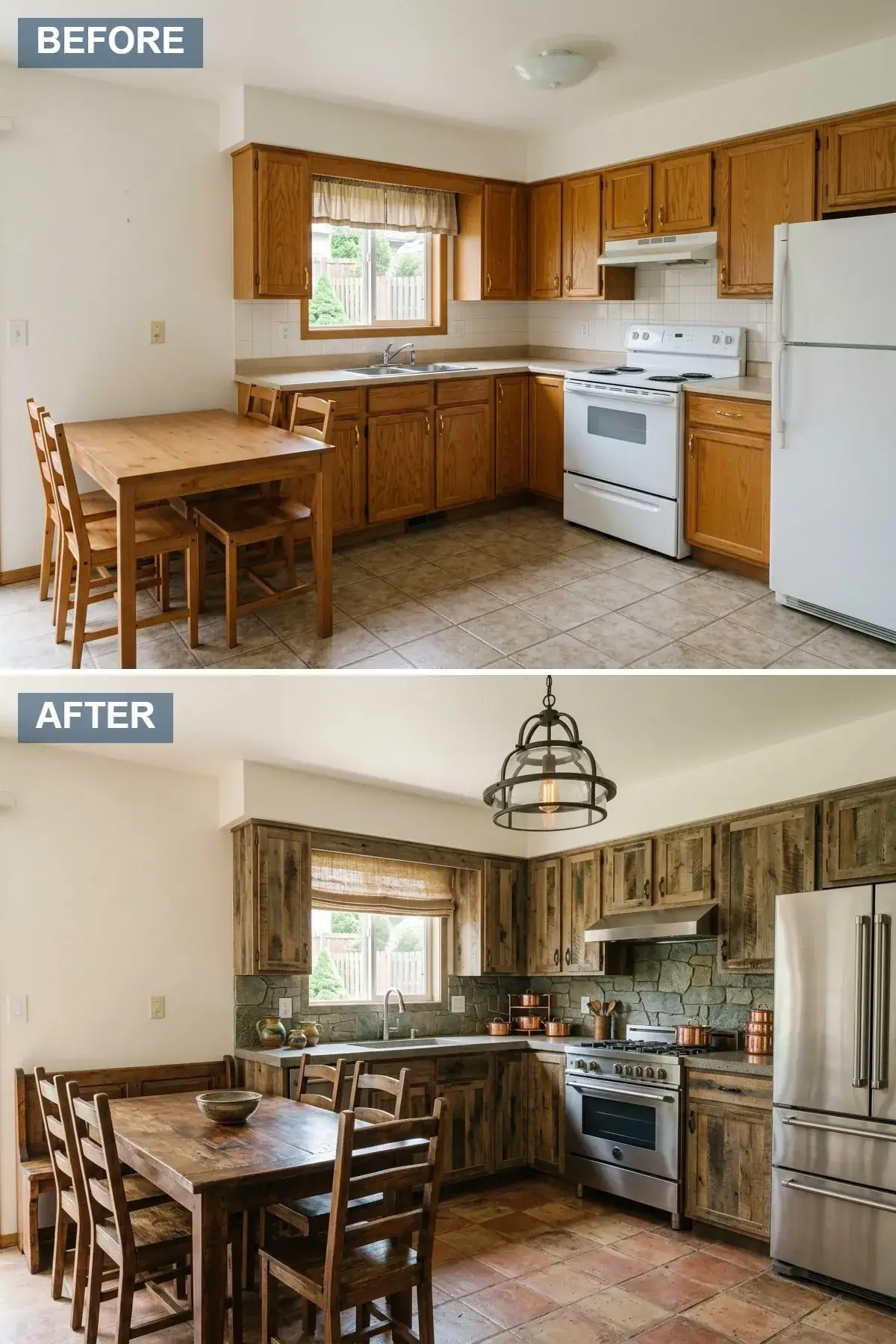 Open-concept rustic kitchen with reclaimed wood cabinetry showing natural grain and weathering, stacked stone backsplash, polished concrete countertops, sturdy rustic wood dining table and bench, wrought iron pendant light, and terracotta tile flooring