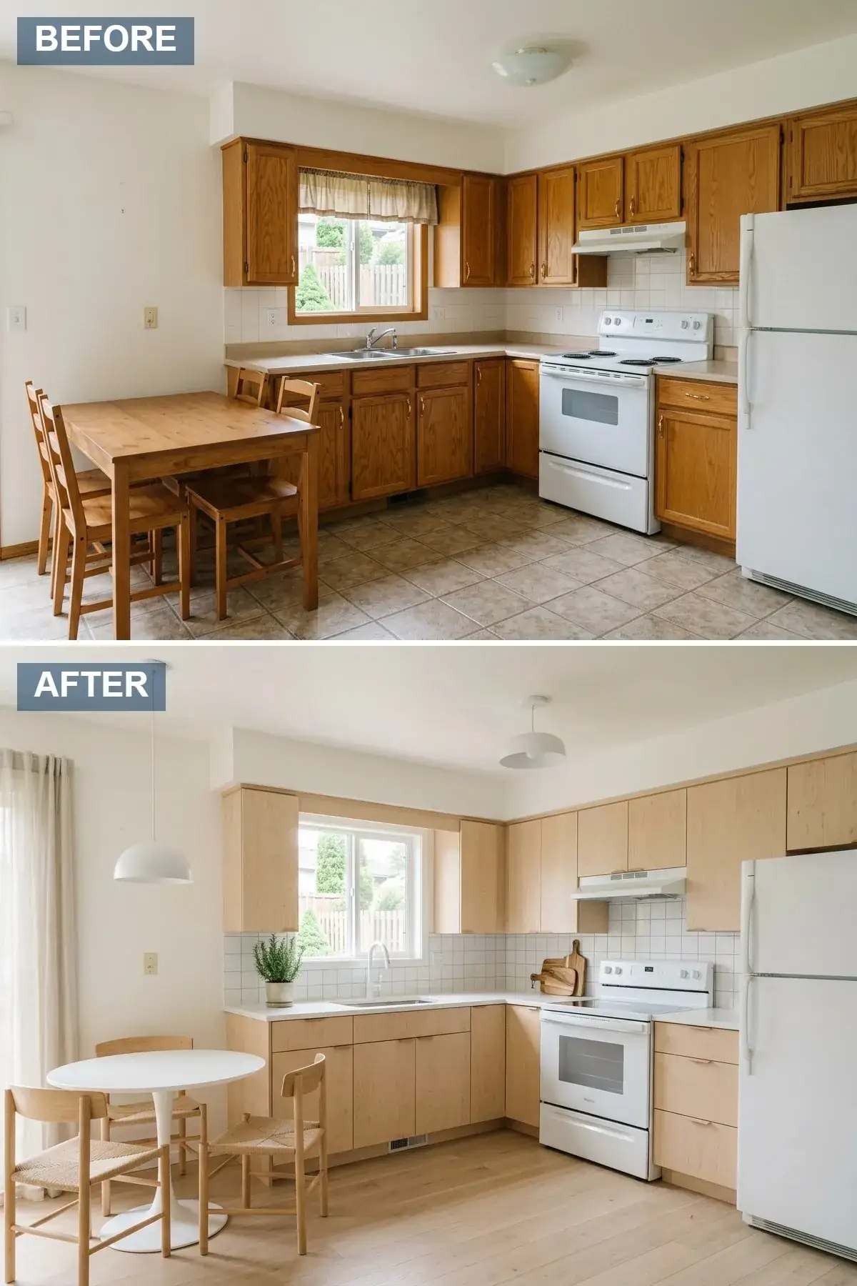 Scandi-minimalist open-concept kitchen with light birch flat-panel cabinetry, simple white square tile backsplash, white appliances, white tulip dining table with woven dining chairs, minimalist white pendant lights, and pale wood plank flooring