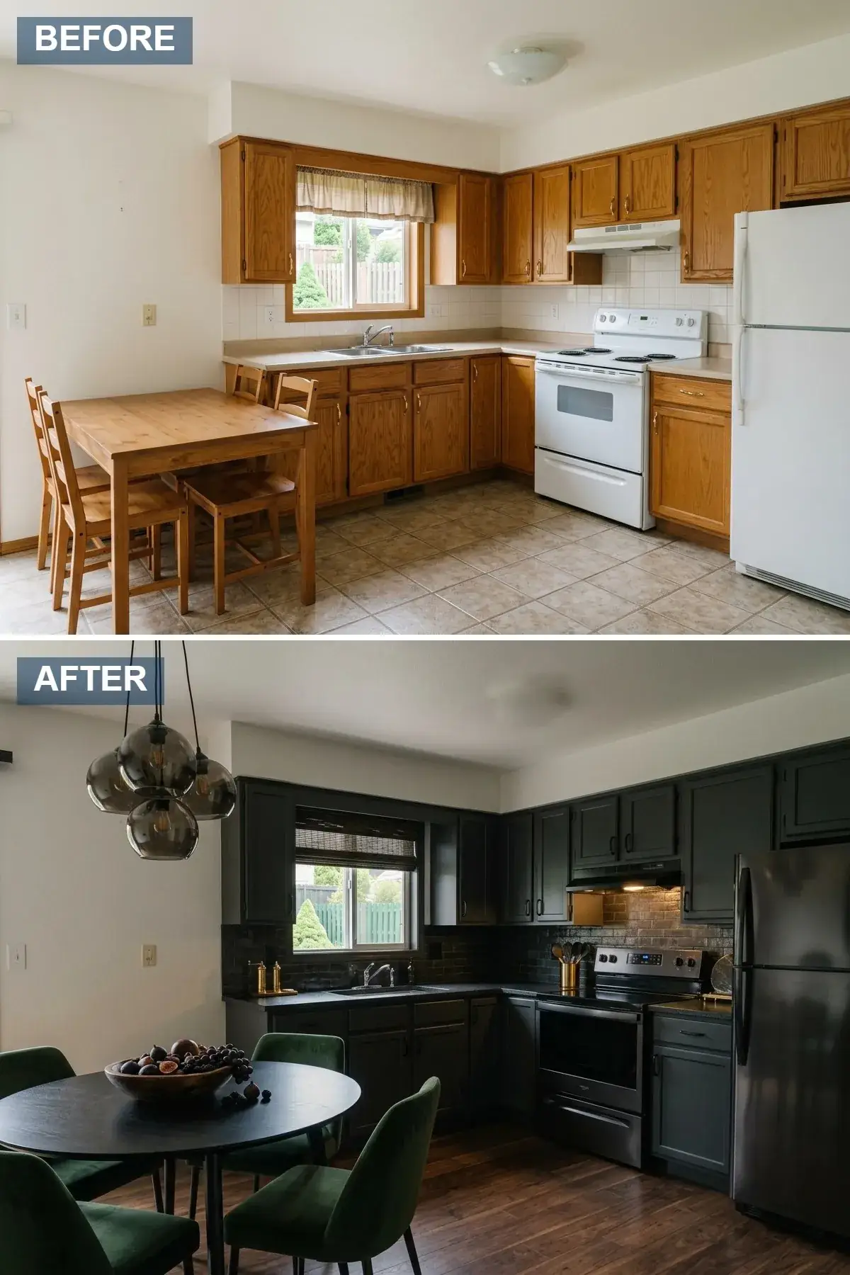 Moody open-concept kitchen with matte black shaker cabinetry, dark exposed brick backsplash, black stainless steel appliances, black round dining table with forest green velvet chairs, smoked glass pendant lights, and dark walnut hardwood flooring