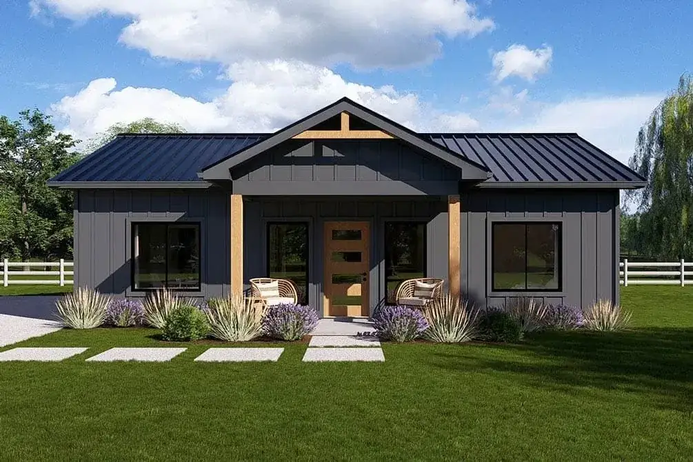 Alternate exterior with dark board-and-batten siding, natural wood timber accents, and standing seam metal roof