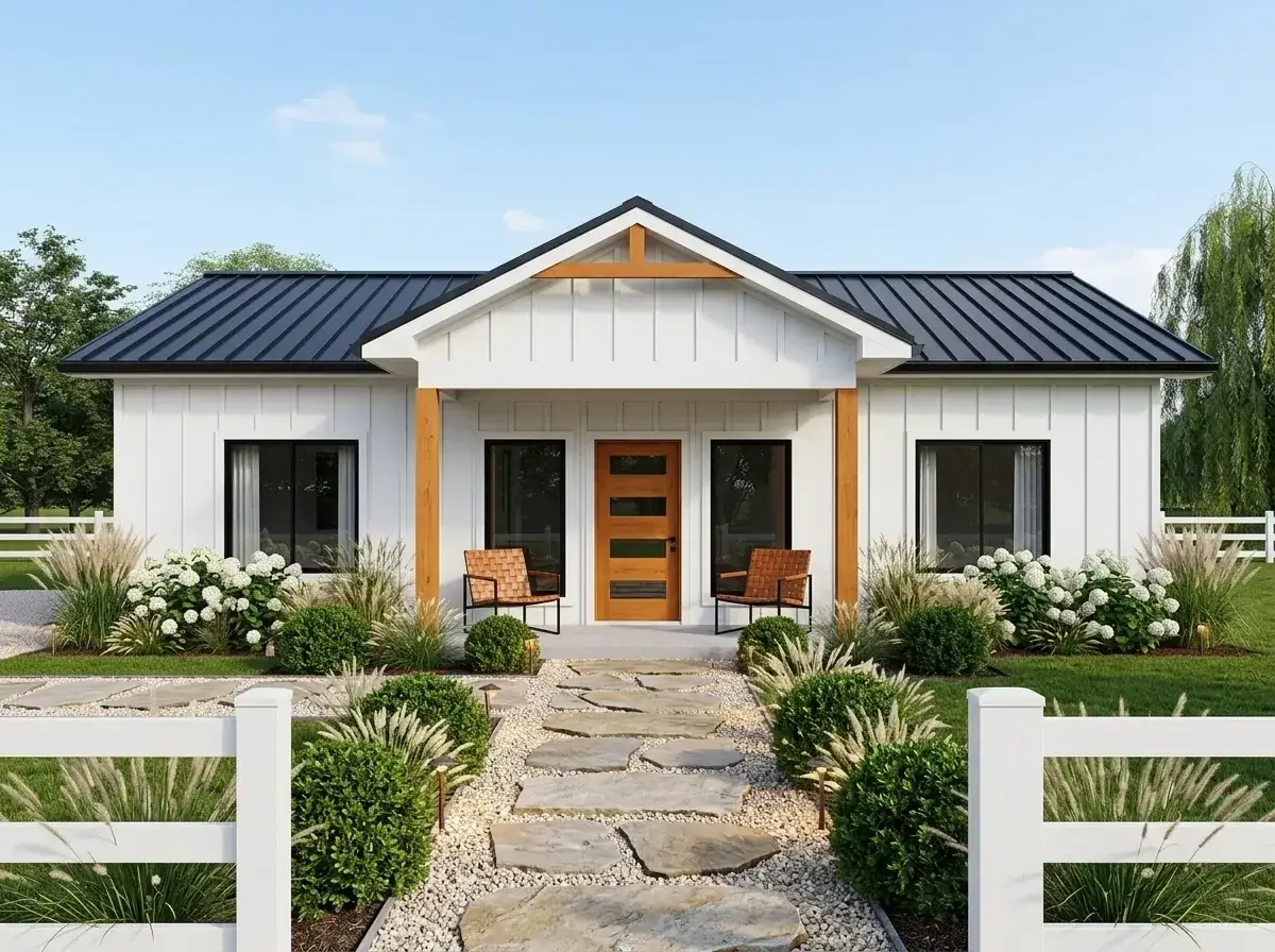 Classic Modern Farmhouse facade with white board-and-batten siding, black standing seam roof, and natural wood porch timbers