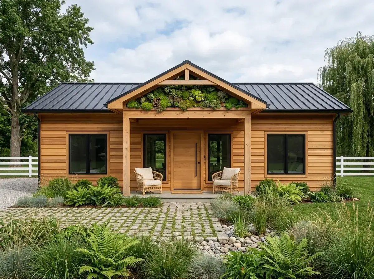 Sustainable Rustic facade with horizontal natural wood siding, dark metal roof, and a green living roof over the porch gable