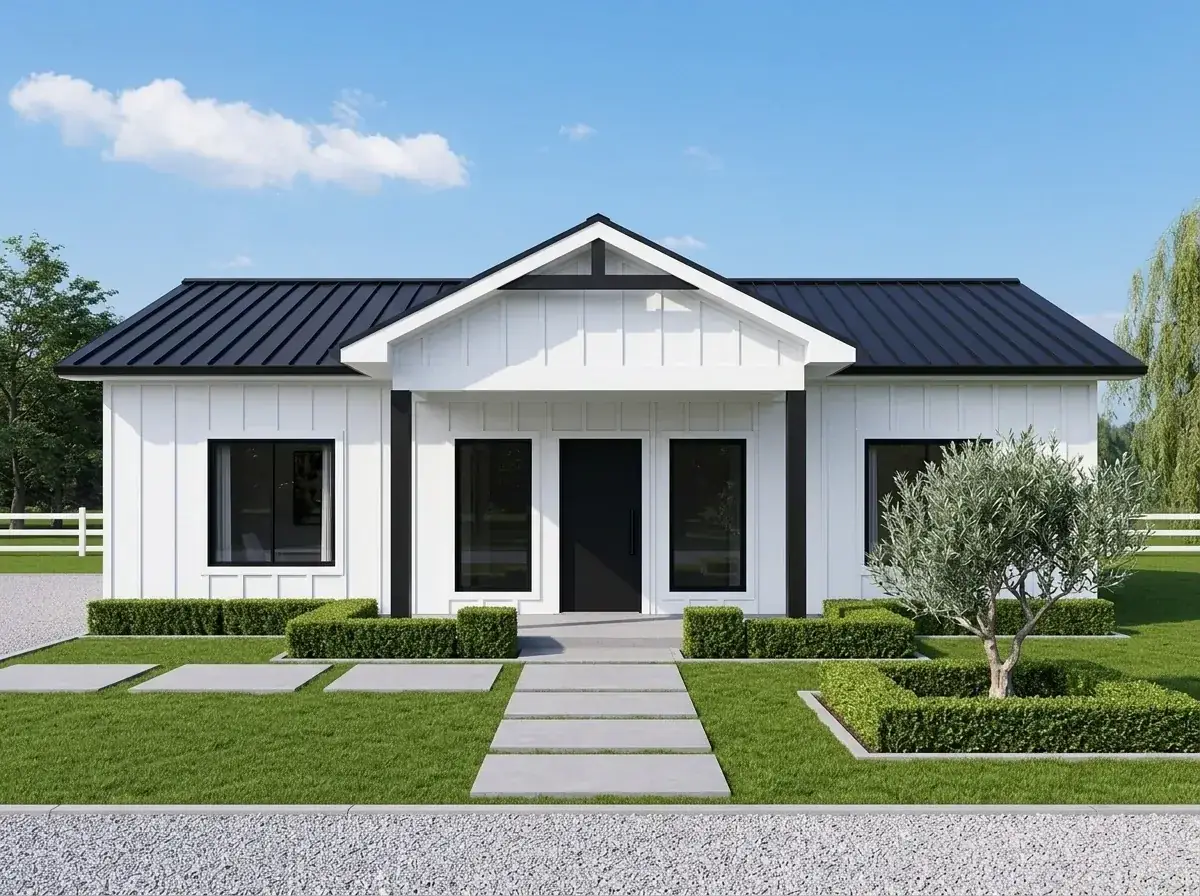 Minimalist Graphic facade with white board-and-batten, black columns, black trim, and a single olive focal tree