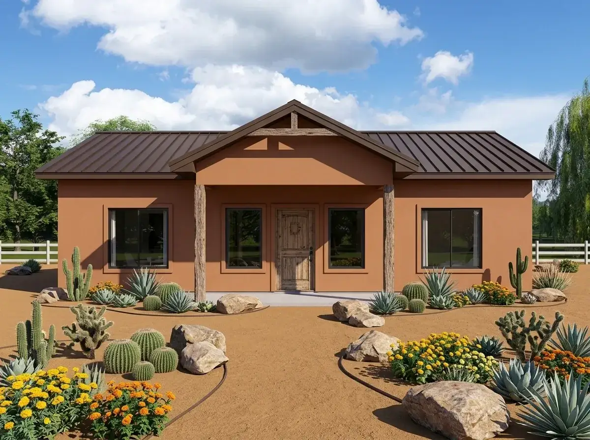 Southwestern Adobe variant with smooth terracotta stucco, rough-hewn wood posts, and a xeriscape with agave