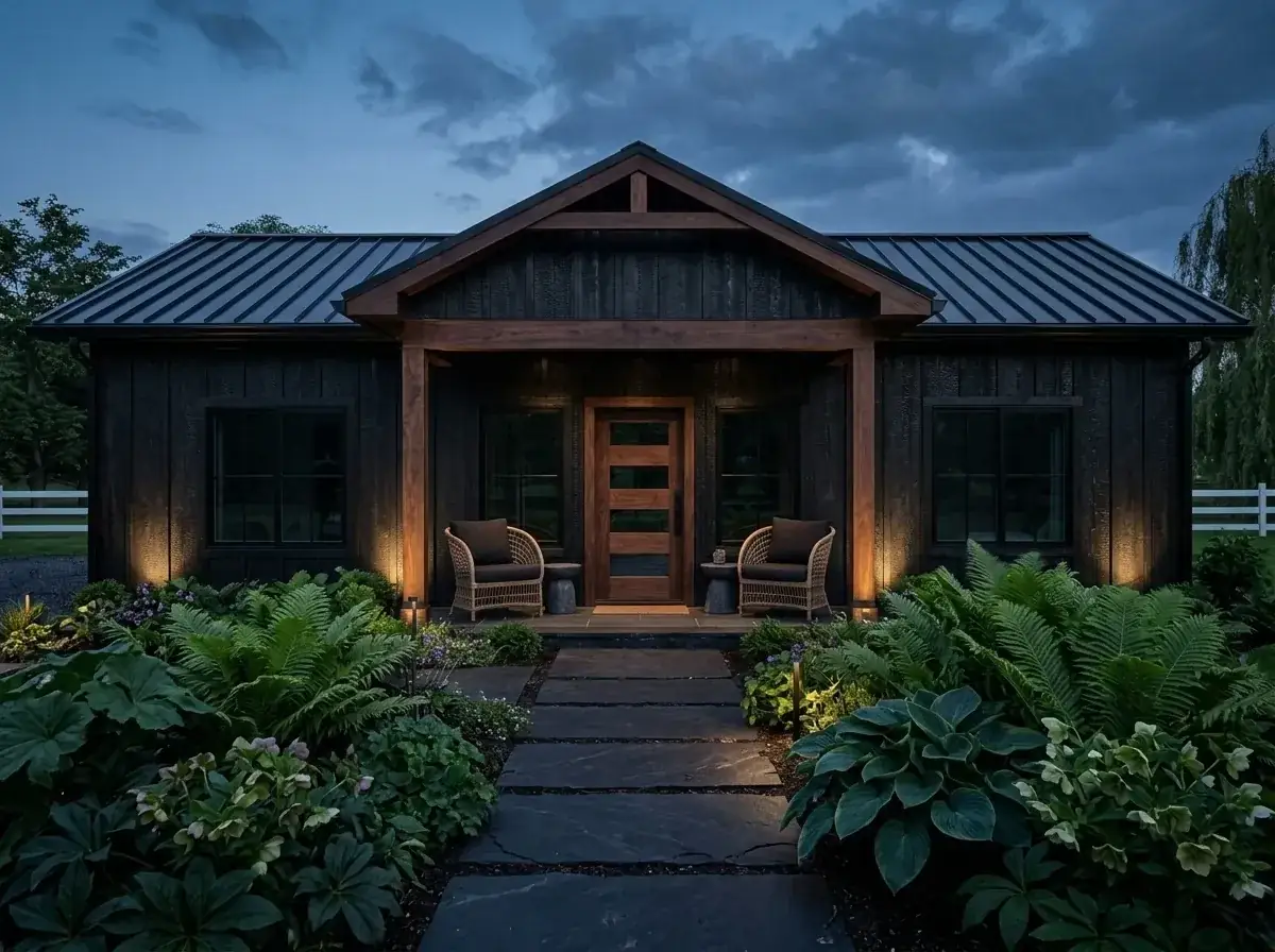 Moody Craftsman with charred Shou Sugi Ban wood siding, warm wood timbers, and shadowed landscape