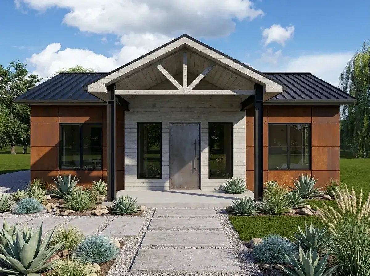 Industrial Modern facade with weathered Corten steel cladding, board-form concrete entry, exposed steel I-beams, and metal pivot door