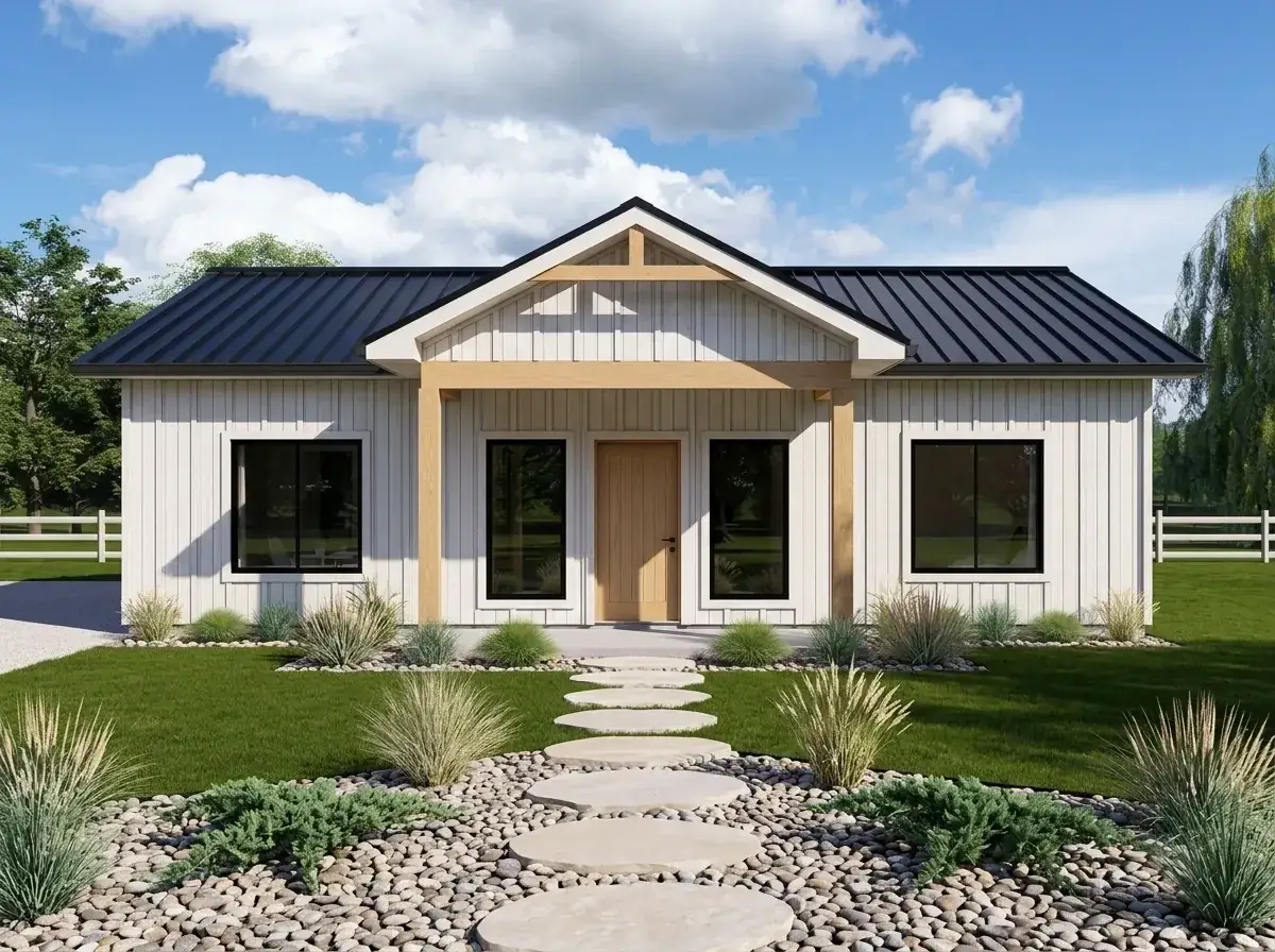 Serene Scandinavian variant with white board-and-batten siding, blonde wood porch accents, and Zen-inspired landscape