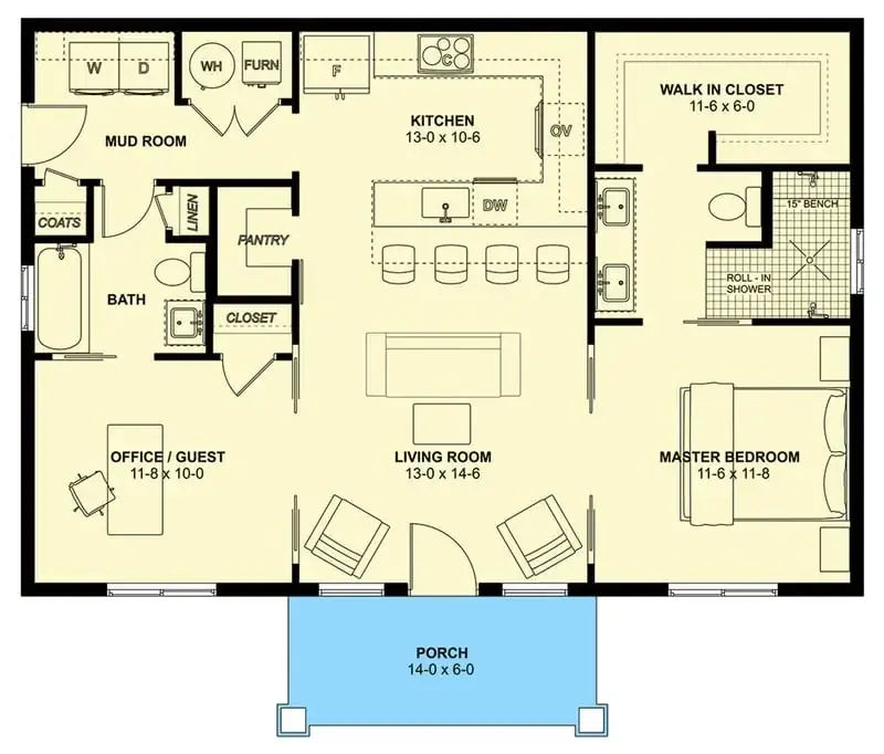 Main floor plan of the 988 sqft 2-bedroom modern cottage with split bedroom layout, open kitchen-living-dining, side mudroom, and office or guest room