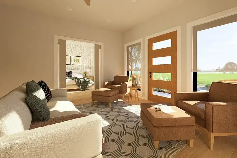 Master suite hallway entry with linen storage