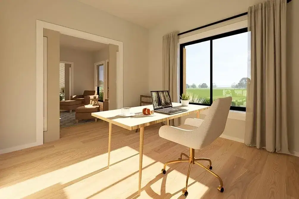 Dining area adjacent to kitchen with natural wood table and modern pendant