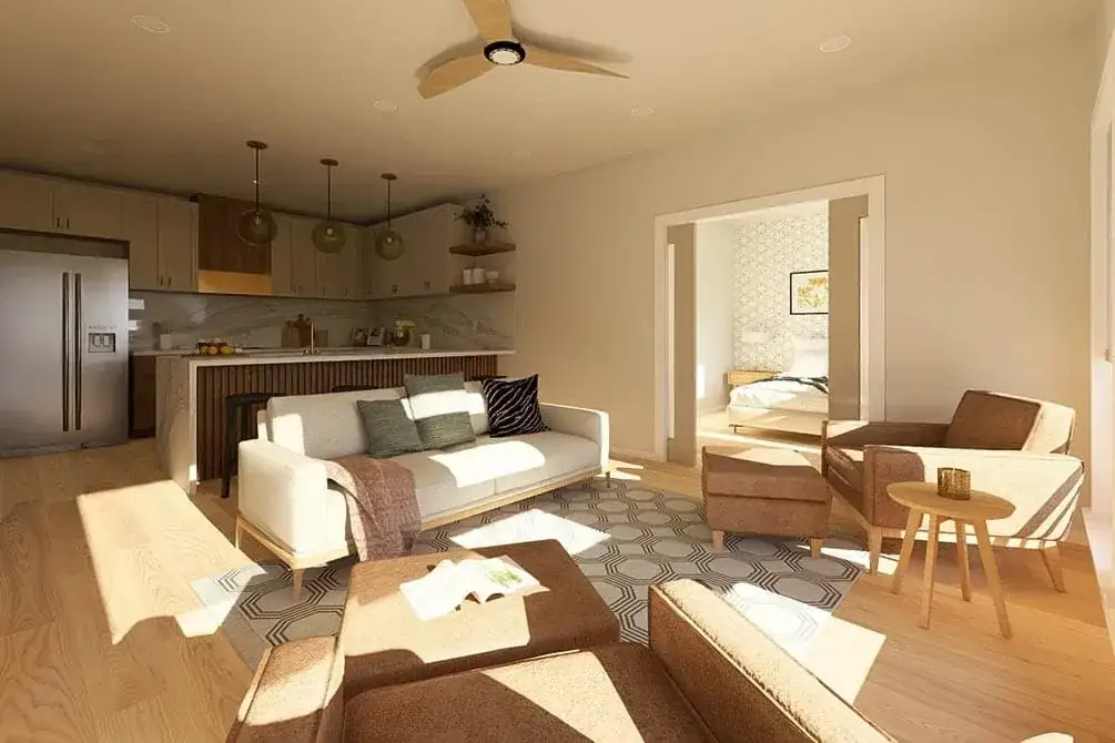 Master bedroom with light wood floors, neutral palette, and large window