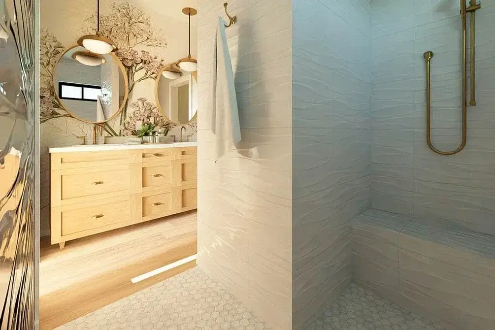 Roll-in zero-entry shower with built-in bench and modern fixtures