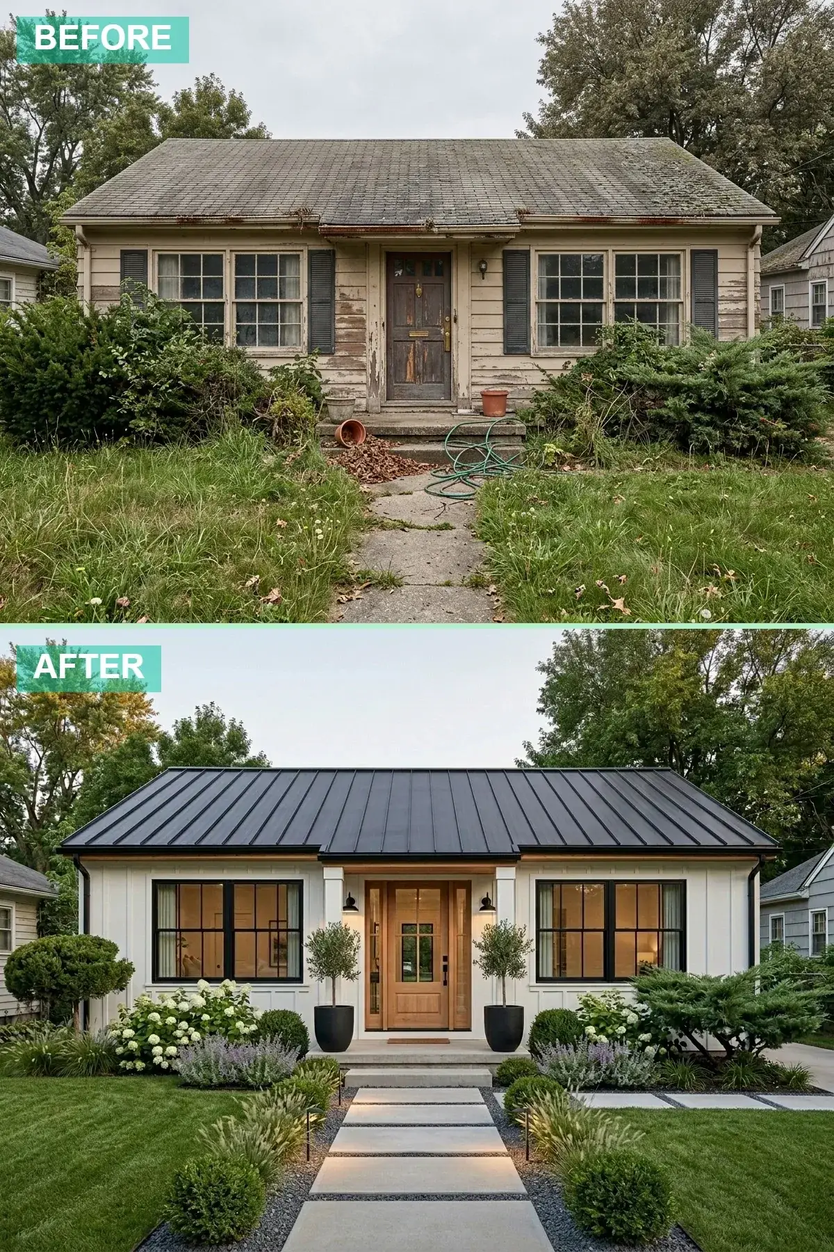 Beaverton 1972 single-story ranch rebuilt as high-contrast modern farmhouse with white James Hardie board-and-batten siding, standing-seam black metal roof, light oak entry door, oversized matte black planters and concrete paver walkway