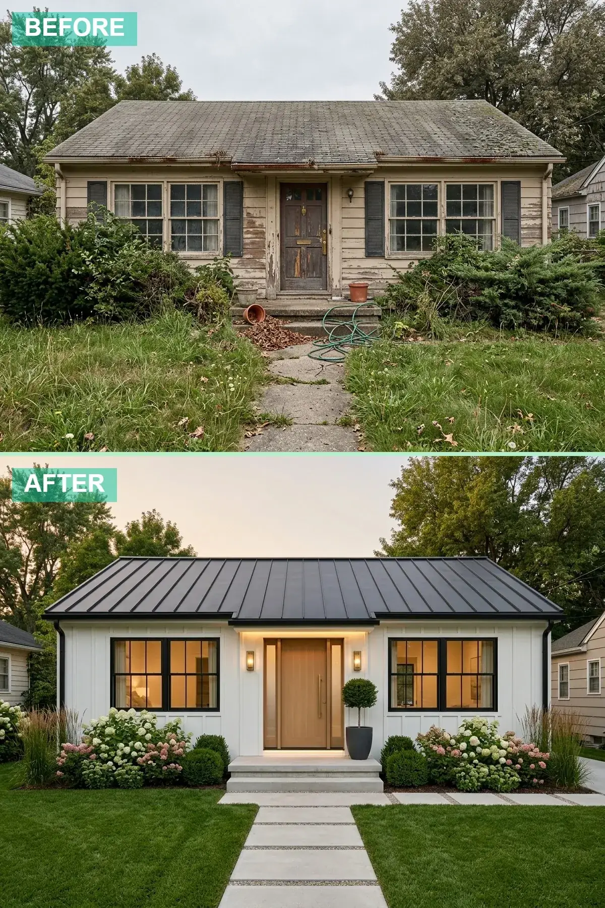 1970s Beaverton ranch reskinned in white Hardie board-and-batten with charcoal architectural shingle roof, minimalist clear-grade oak slab front door with sidelights, warm white LED cove lighting under the concrete entry stoop, and structured hydrangea bed in front