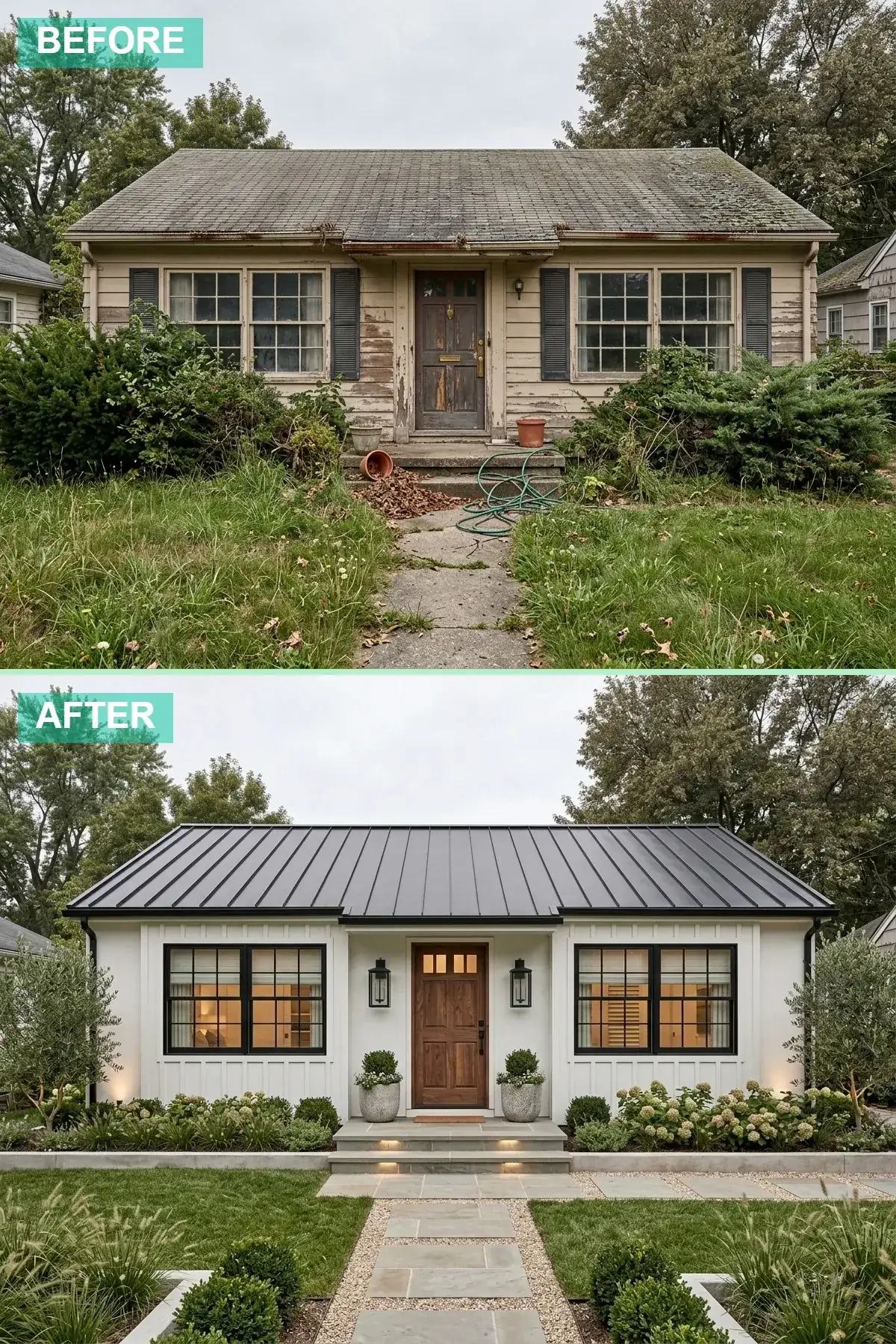 1972 Beaverton ranch updated to classic farmhouse with white Hardie board-and-batten siding, black metal roof, dark walnut traditional six-panel front door with traditional black lanterns and bluestone entry steps and gravel-trim path framed by symmetrical olive trees in textured grey planters