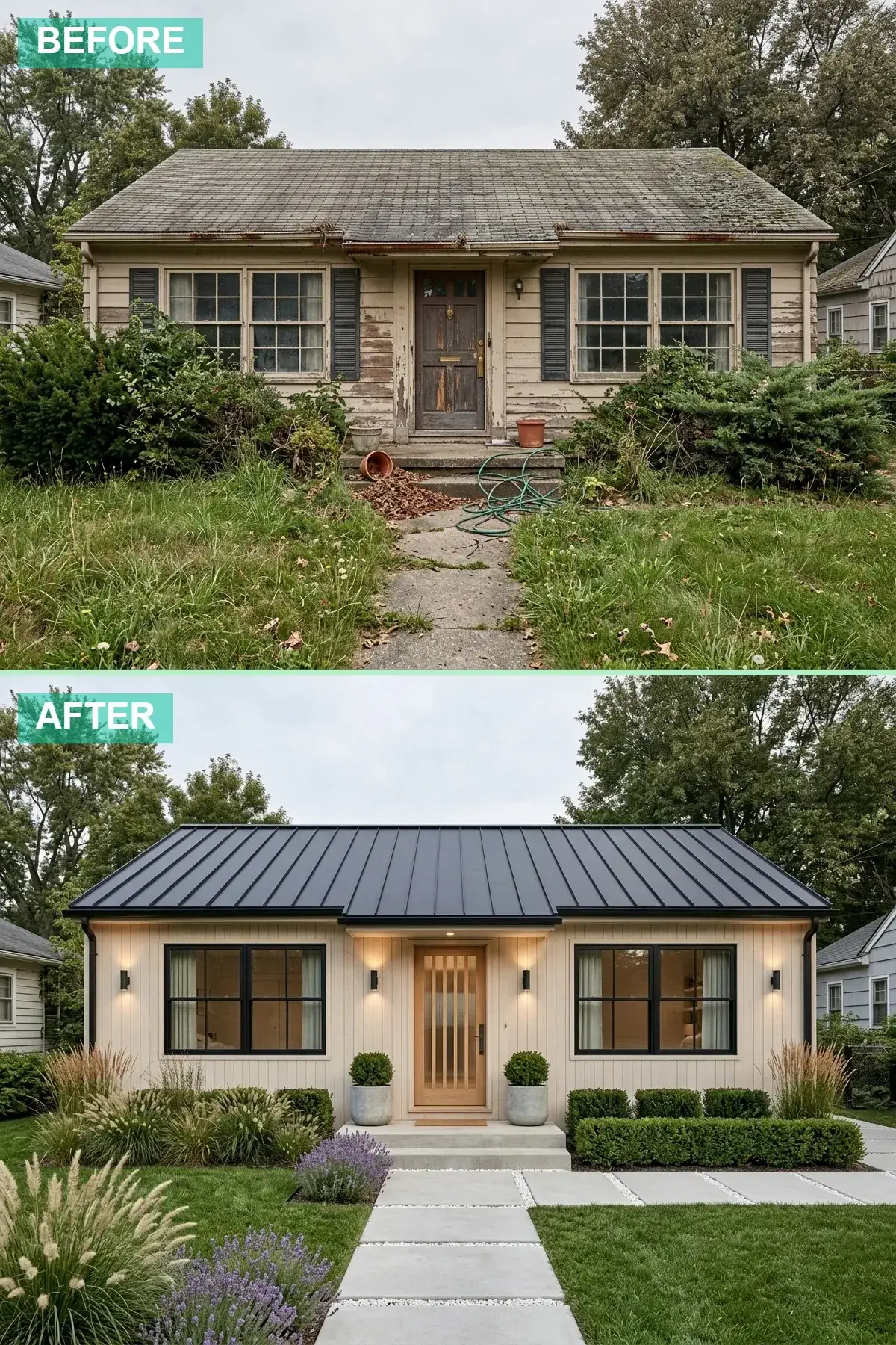 Beaverton 1972 single-story ranch reclad in vertical clear western red cedar shiplap with matching cedar front door with reeded glass insert, matte black standing-seam roof, modern cylindrical sconces, ornamental grasses and concrete sphere planters in front