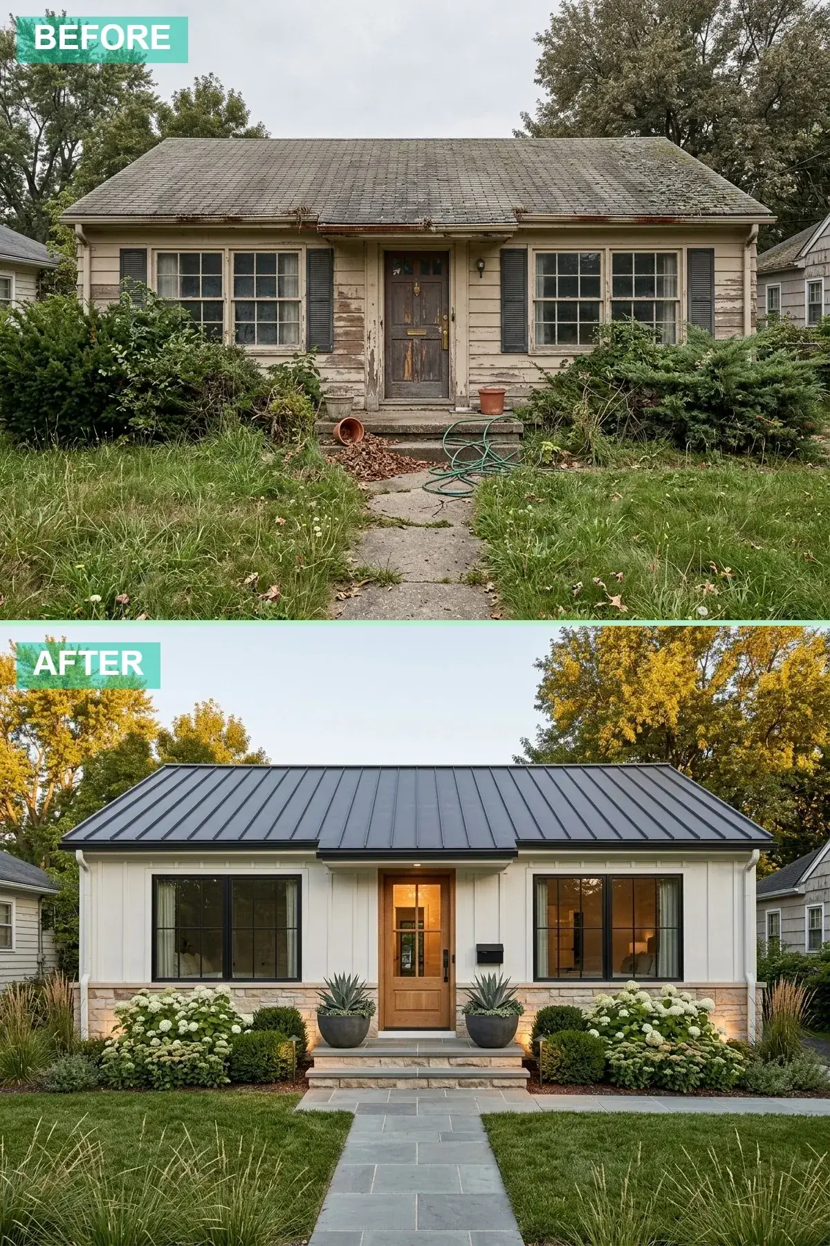 1970s Beaverton ranch with mixed materials exterior, lower-third sandy beige stacked stone veneer wainscot under upper white Hardie board-and-batten siding, slate grey standing-seam metal roof, medium oak front door with upper glass panels and oversized agave plants in grey concrete bowls