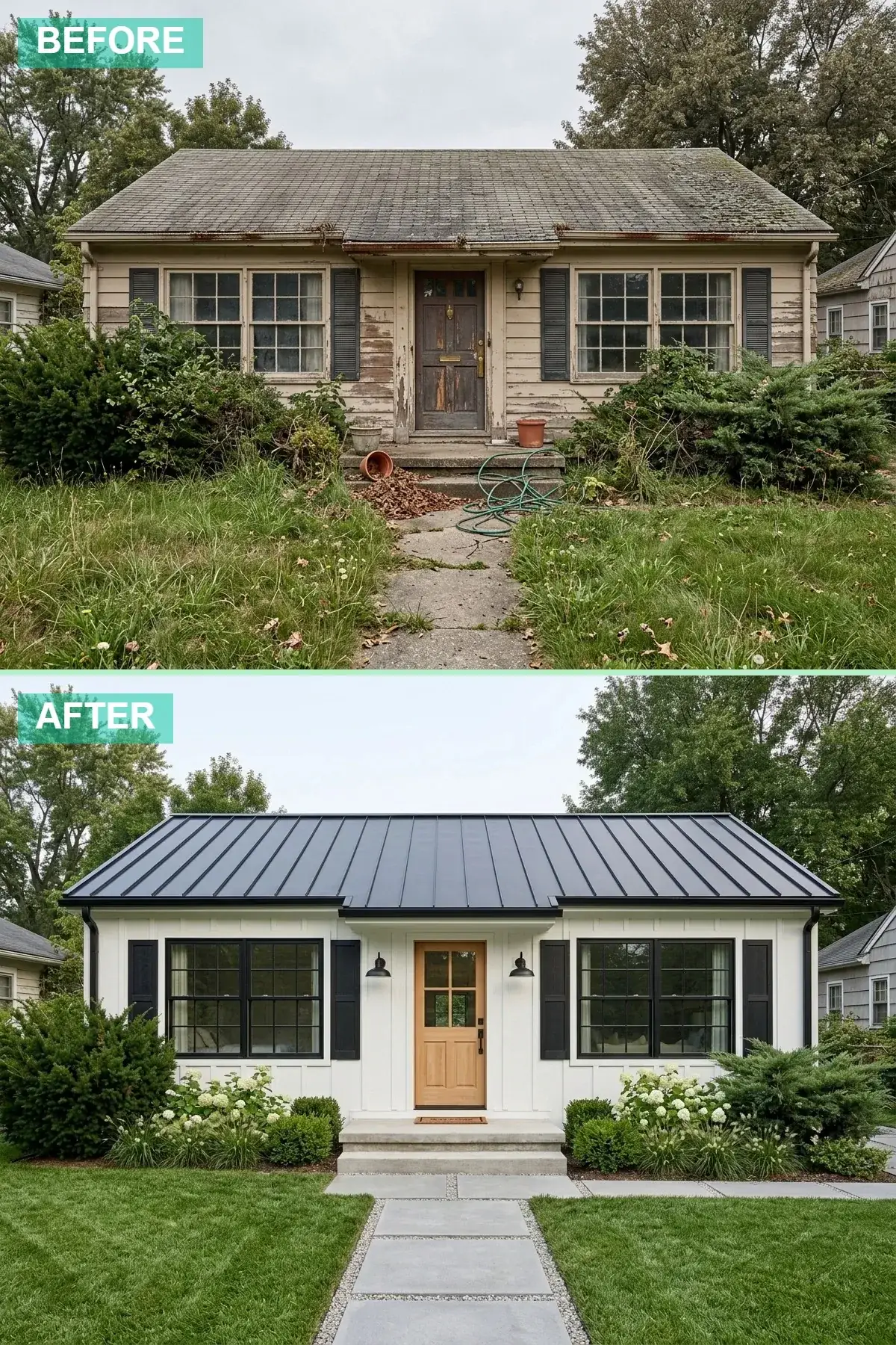 1972 Beaverton ranch updated to modern cottage style with white Hardie board-and-batten siding, black operable board-and-batten window shutters, natural pine four-lite over panel farmhouse door, authentic black gooseneck barn lanterns above the windows and door, mass hydrangea plantings in front