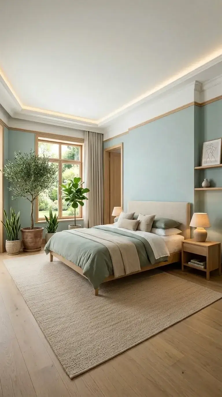 Compact 11x12 primary bedroom with soft sage green walls, wood trim, large indoor olive tree, layered linen bedding, jute rug, and floating wood shelves in a Tacoma craftsman home
