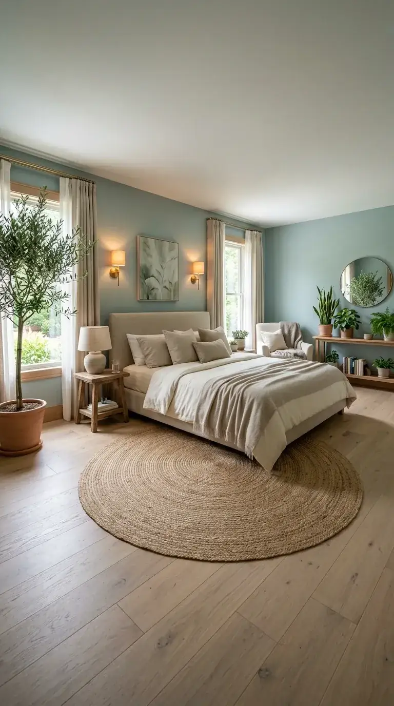 Bright compact bedroom with sage green walls, large round jute rug, wooden console table displaying potted plant collection, upholstered bed with layered neutrals, brass wall sconces in Portland home