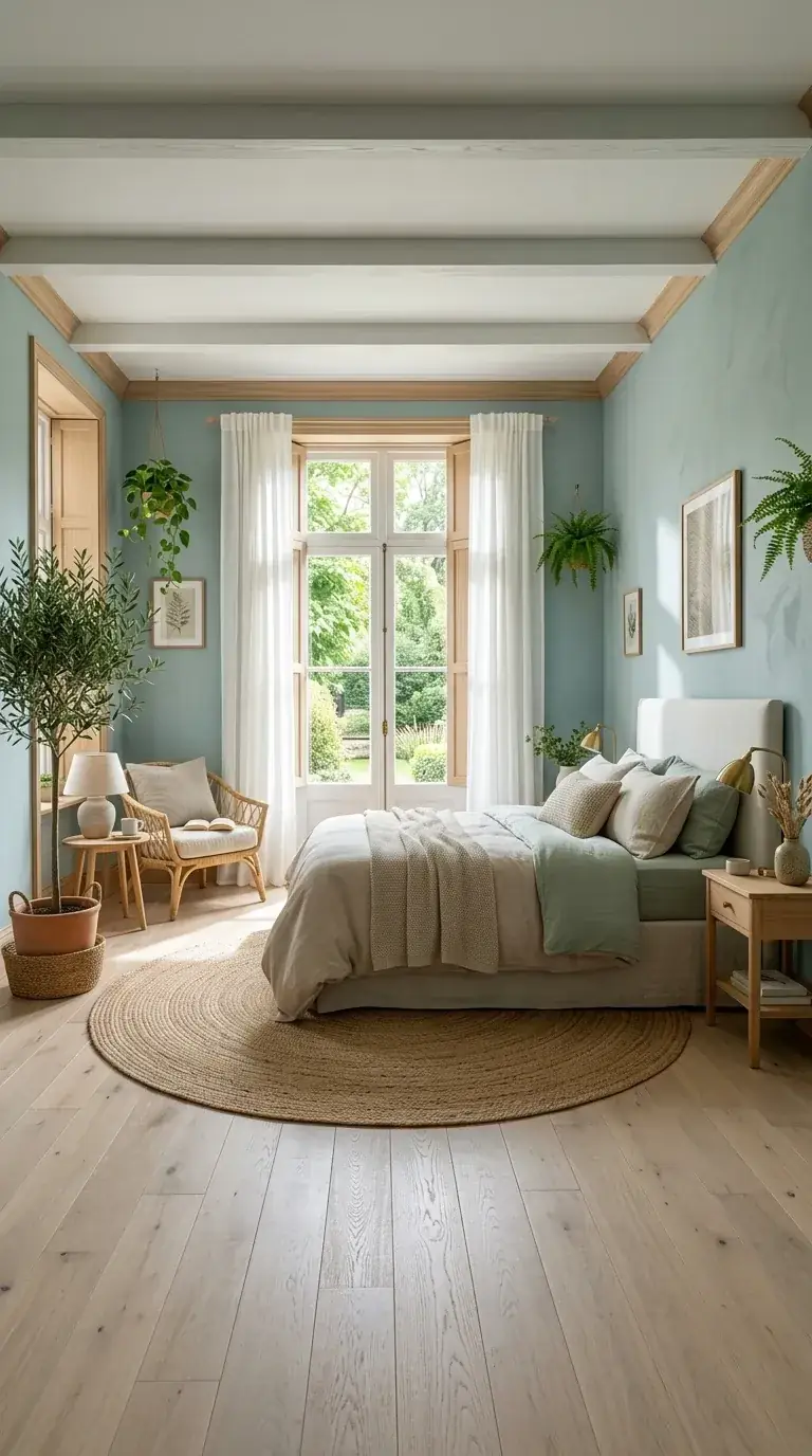 Compact loft bedroom with exposed wood ceiling beams, hanging trailing plants, tall French windows, round jute rug, rattan armchair, and natural light in a PNW shed-roof home