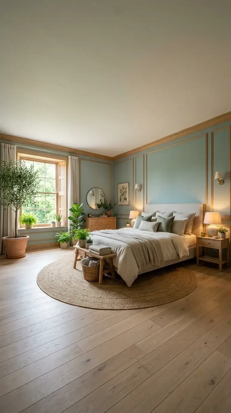 Compact bedroom with teal wall paneling, deep wood window sill displaying potted plants, brass wall sconces, wood bench at end of bed, and round jute rug in a Portland home