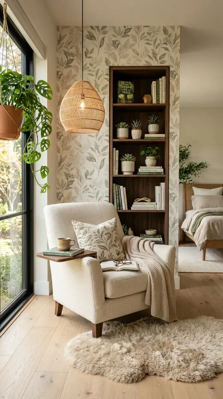 Compact bedroom corner with botanical wallpaper, dark walnut floor-to-ceiling bookshelf, comfortable armchair with throw, large picture window with garden view, and woven pendant light in Tacoma